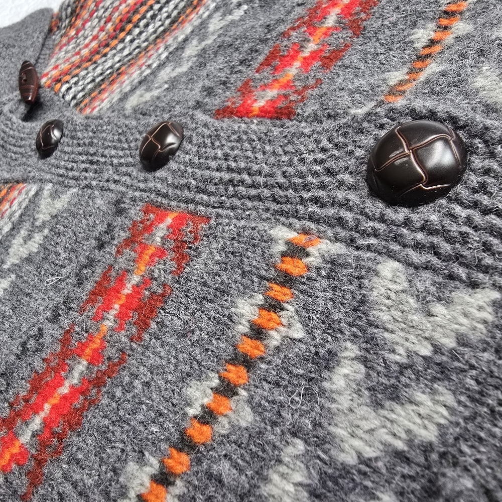 Woolrich Gray Shawl Collar Fair Isle Wool Cardigan with Red & Orange Accents - Picture 5 of 14